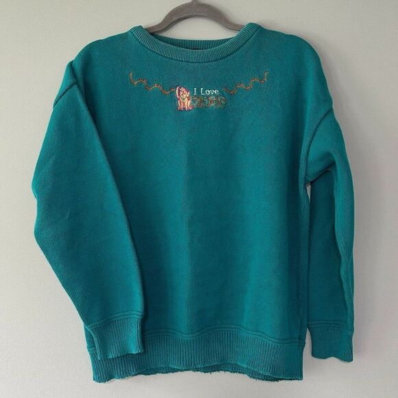 Vtg Sweater Women S/M Teal Dog Lover Embroidered Grandma Kidcore Cottage Shabby - Picture 2 of 8